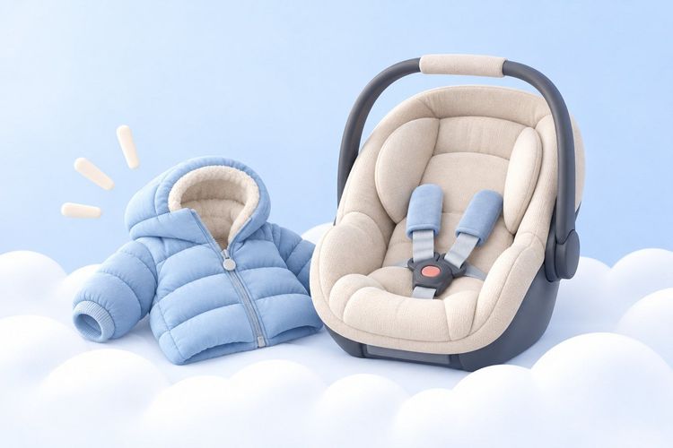 Baby in der Babyschale ohne dicke Jacke, Decke über dem Gurt