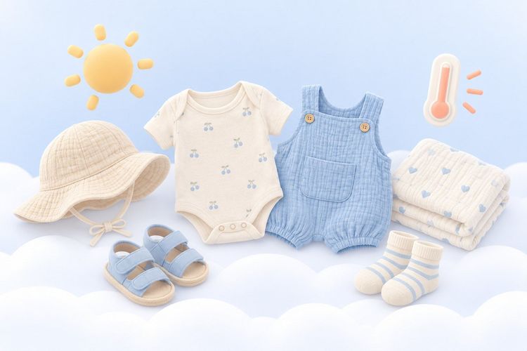Leichte Babykleidung für den Sommer mit Sonnenhut