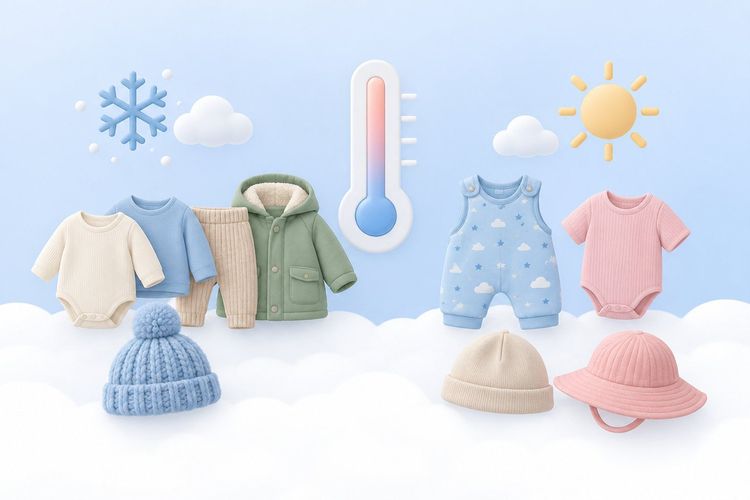 Babykleidung für Kälte und Wärme mit Thermometer, Schneeflocke und Sonne