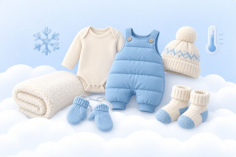 Babykleidung für den Winter: Body, Schneeoverall, Strickmütze, Fäustlinge, Wollsocken und Decke