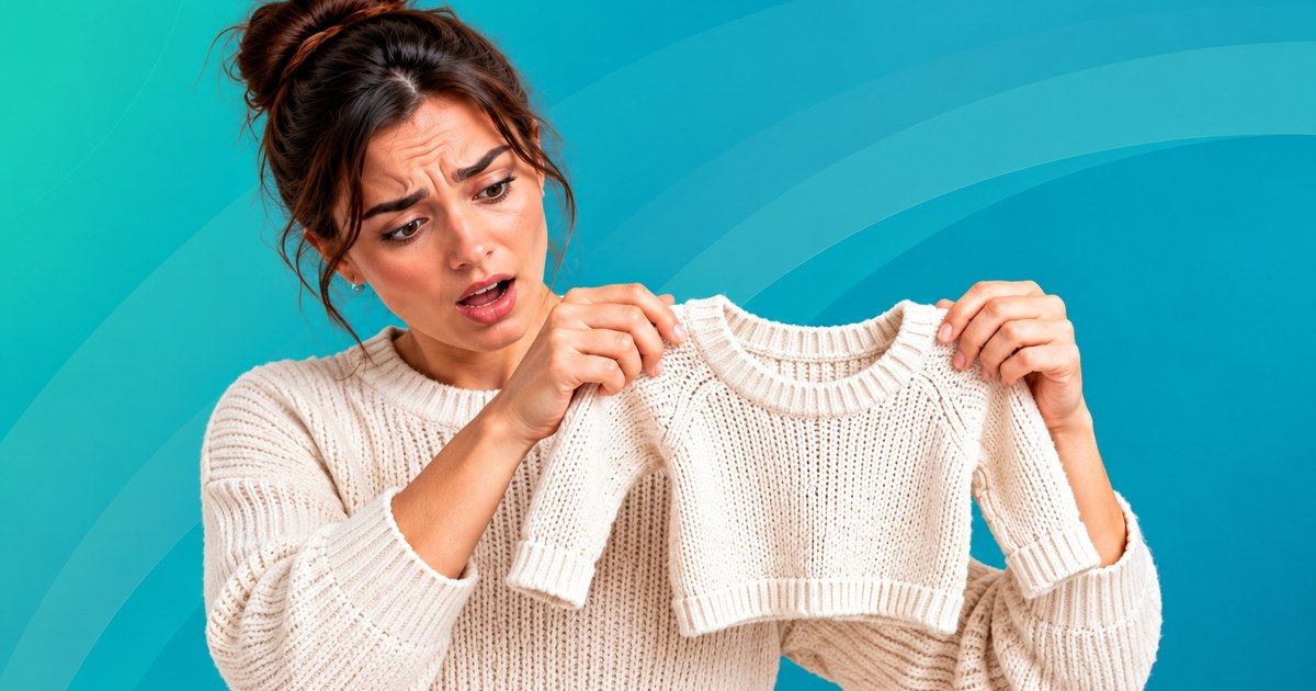 Frau schaut erschrocken auf einen eingelaufenen Pullover